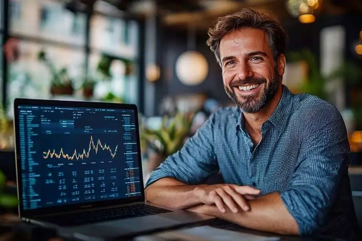 A happy gentleman pleased with his results in trading the stock market.